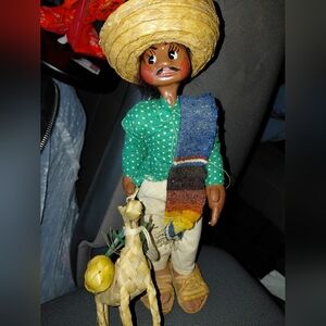 Handcrafted Folk Art Doll with Straw Hat and Donkey
